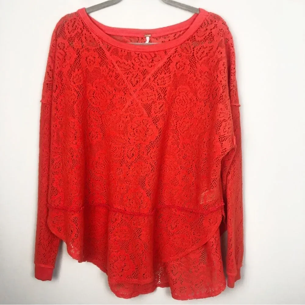 FREE PEOPLE | Not Cold Eyelet Oversized Orange Red Sweater Women’s Size Small